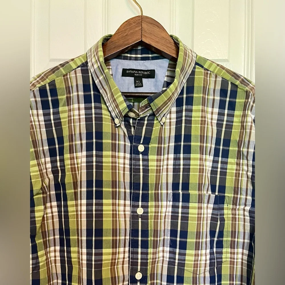 Banana Republic Green and Blue Slim Fit Button Down‎ Shirt